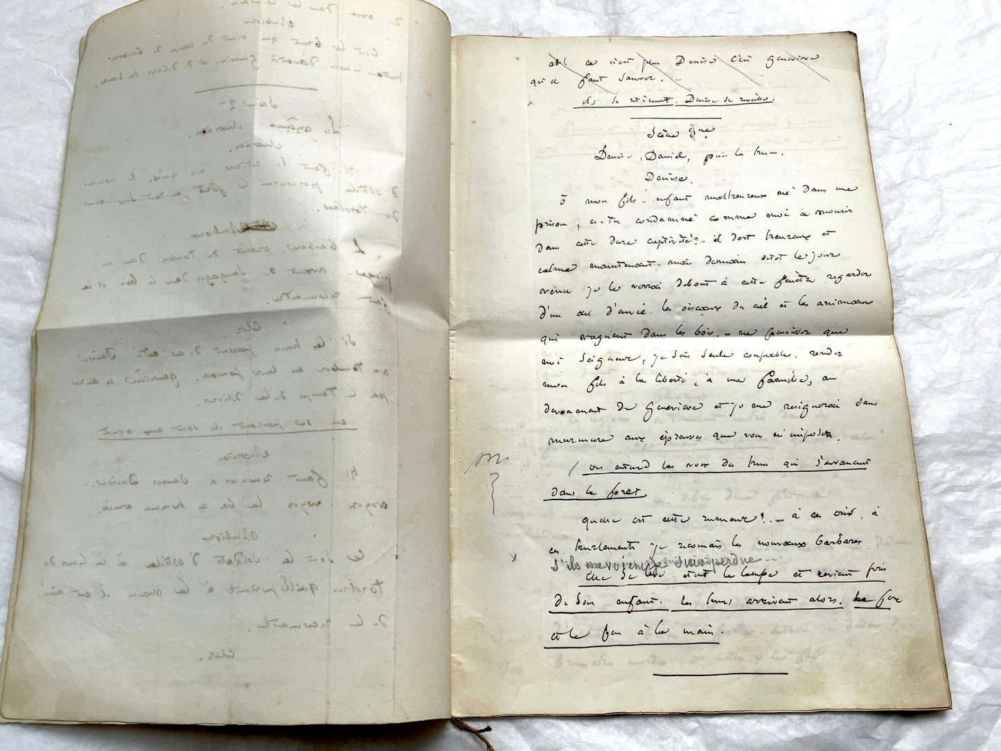Late 19th handwritten French play script manuscript on aged paper with elegant penmanship, revealing literary text.