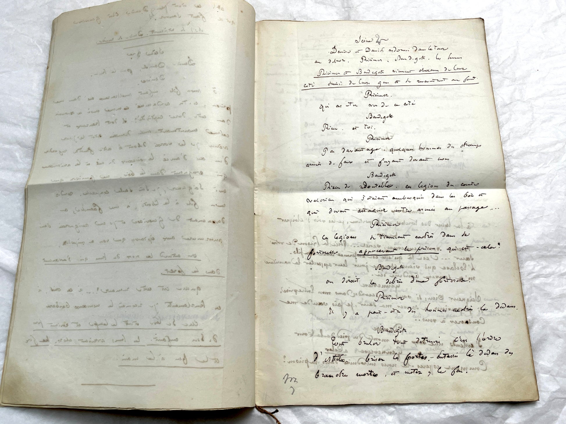 Late 19th handwritten French play script manuscript on aged paper with elegant penmanship, revealing literary text.