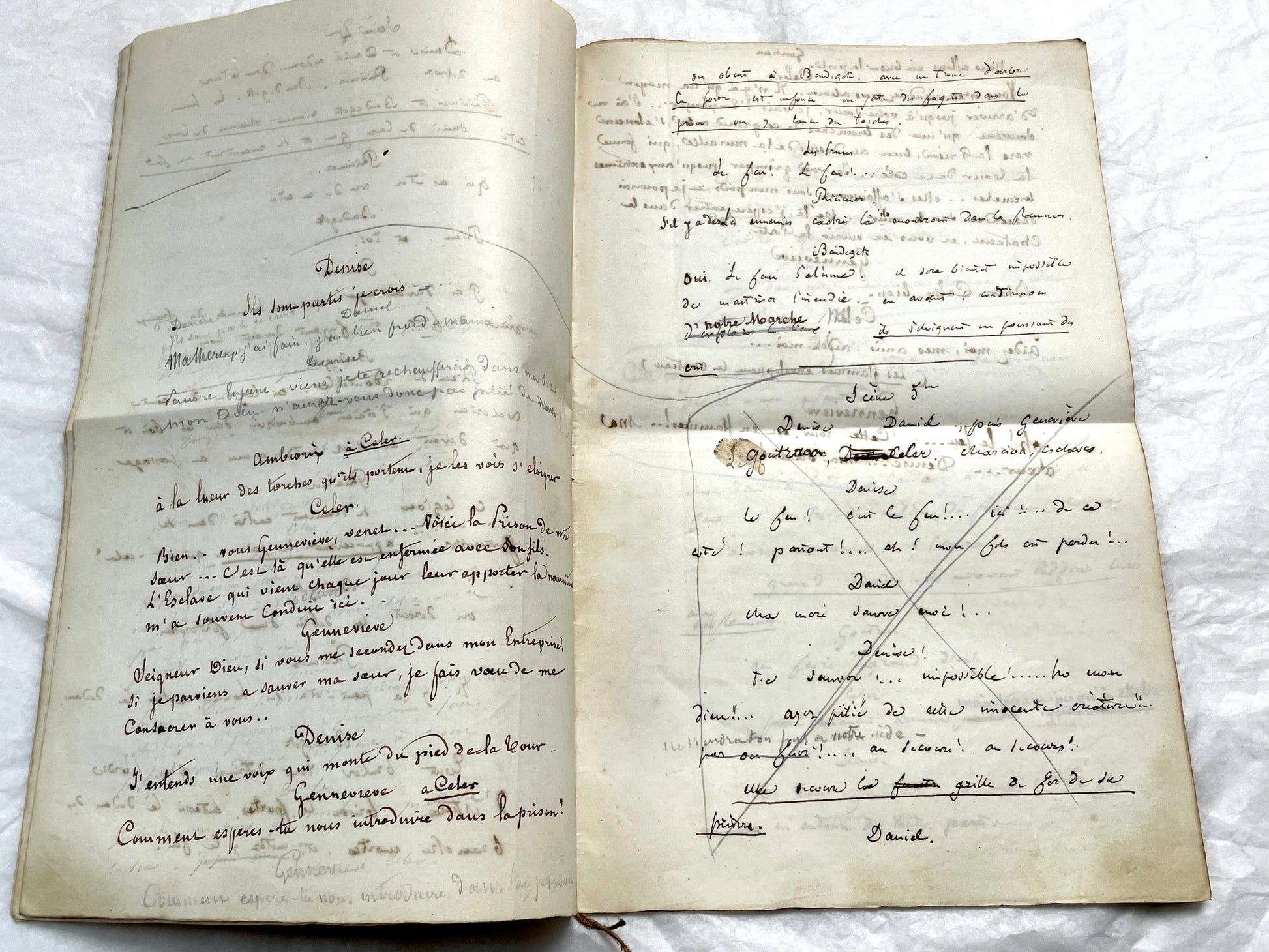 Late 19th handwritten French play script manuscript on aged paper with elegant penmanship, revealing literary text.
