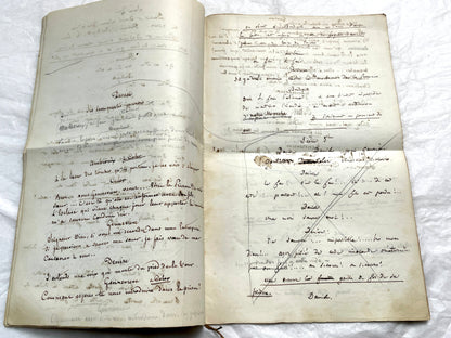 Late 19th handwritten French play script manuscript on aged paper with elegant penmanship, revealing literary text.