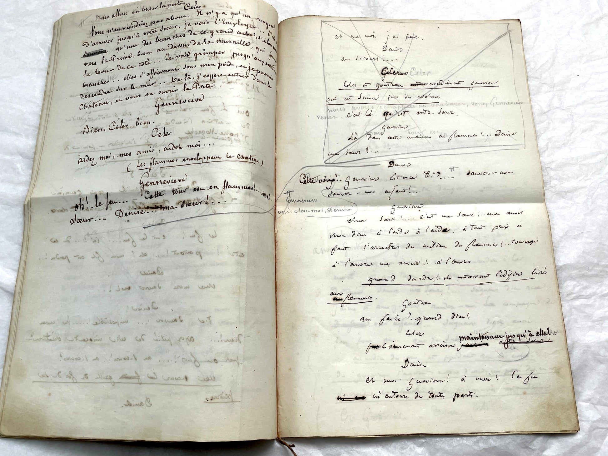 Late 19th handwritten French play script manuscript on aged paper with elegant penmanship, revealing literary text.