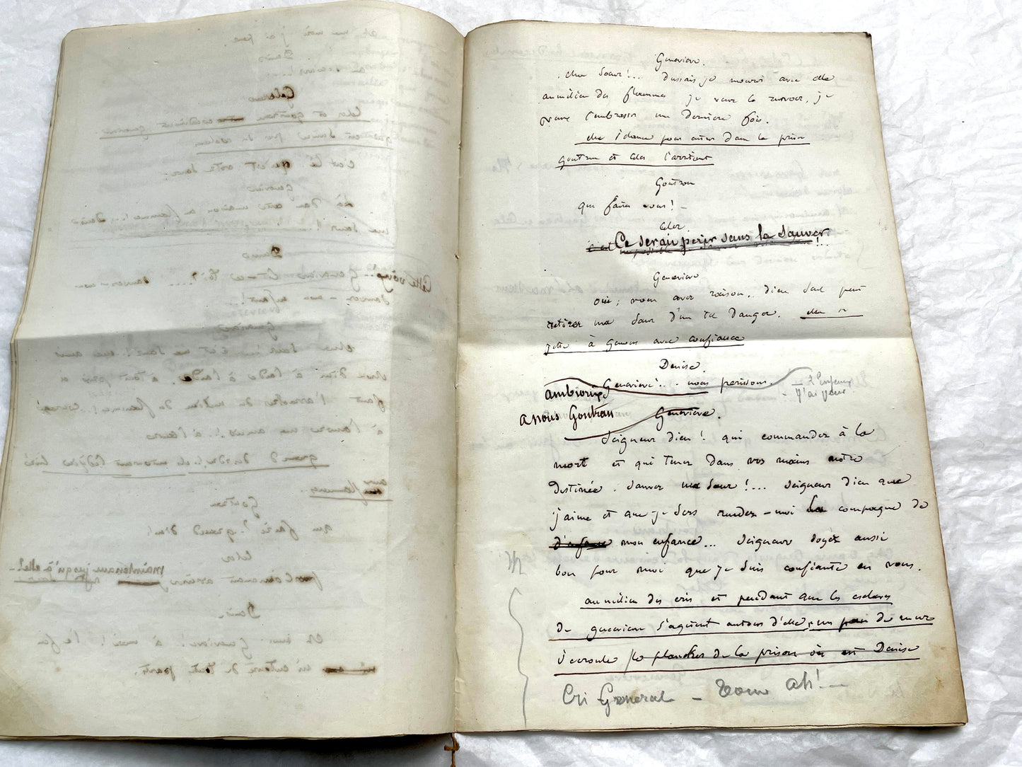 Late 19th handwritten French play script manuscript on aged paper with elegant penmanship, revealing literary text.