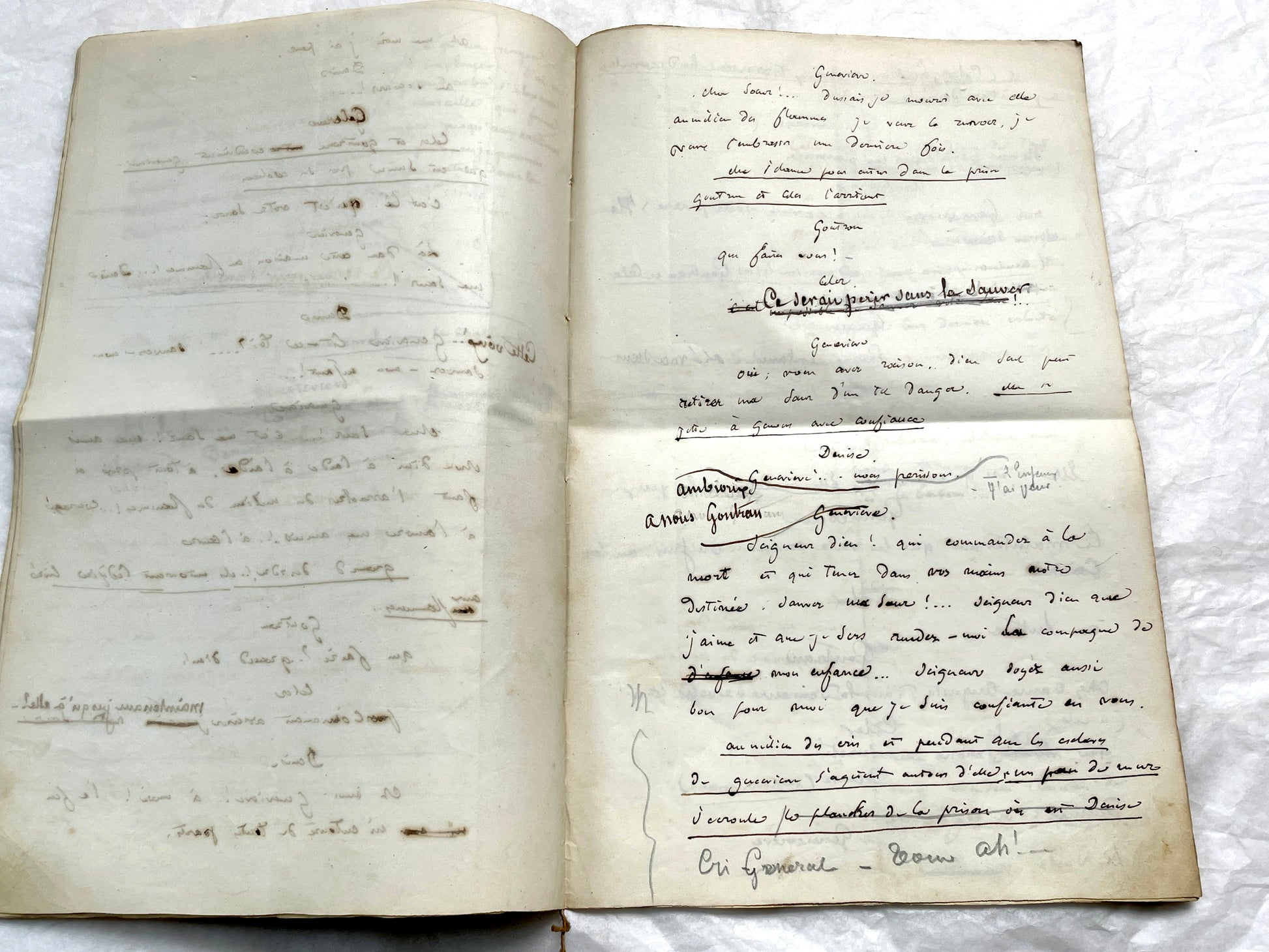 Late 19th handwritten French play script manuscript on aged paper with elegant penmanship, revealing literary text.