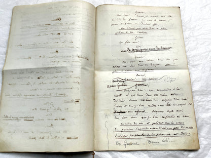 Late 19th handwritten French play script manuscript on aged paper with elegant penmanship, revealing literary text.