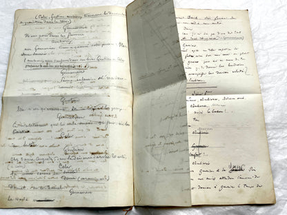 Late 19th handwritten French play script manuscript on aged paper with elegant penmanship, revealing literary text.