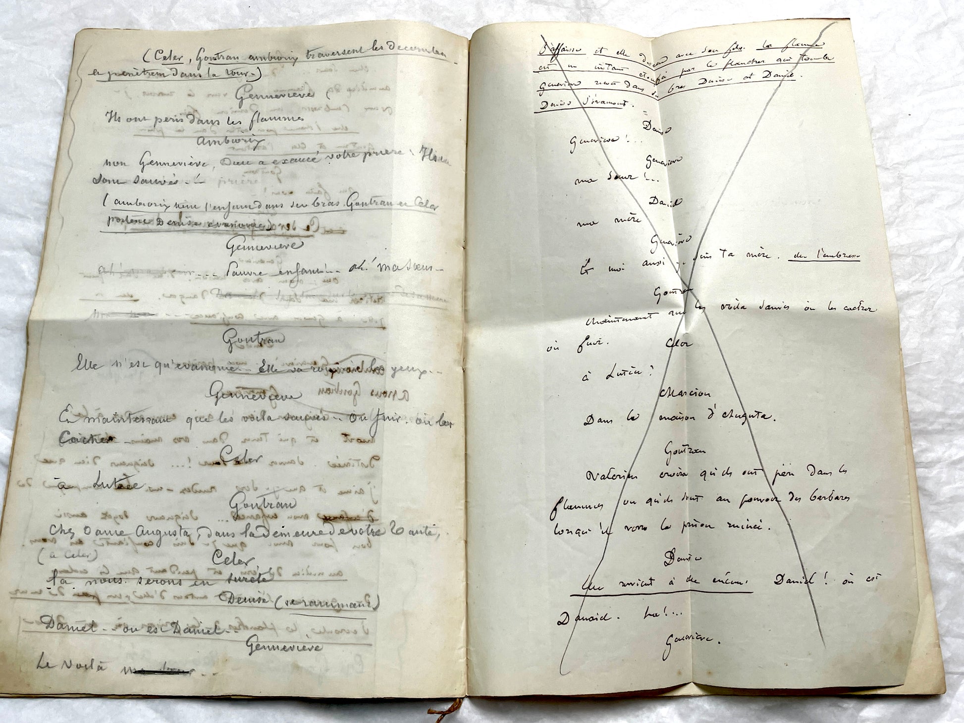 Late 19th handwritten French play script manuscript on aged paper with elegant penmanship, revealing literary text.