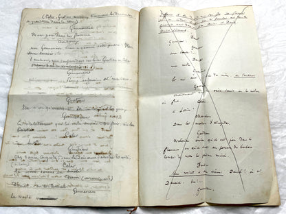 Late 19th handwritten French play script manuscript on aged paper with elegant penmanship, revealing literary text.