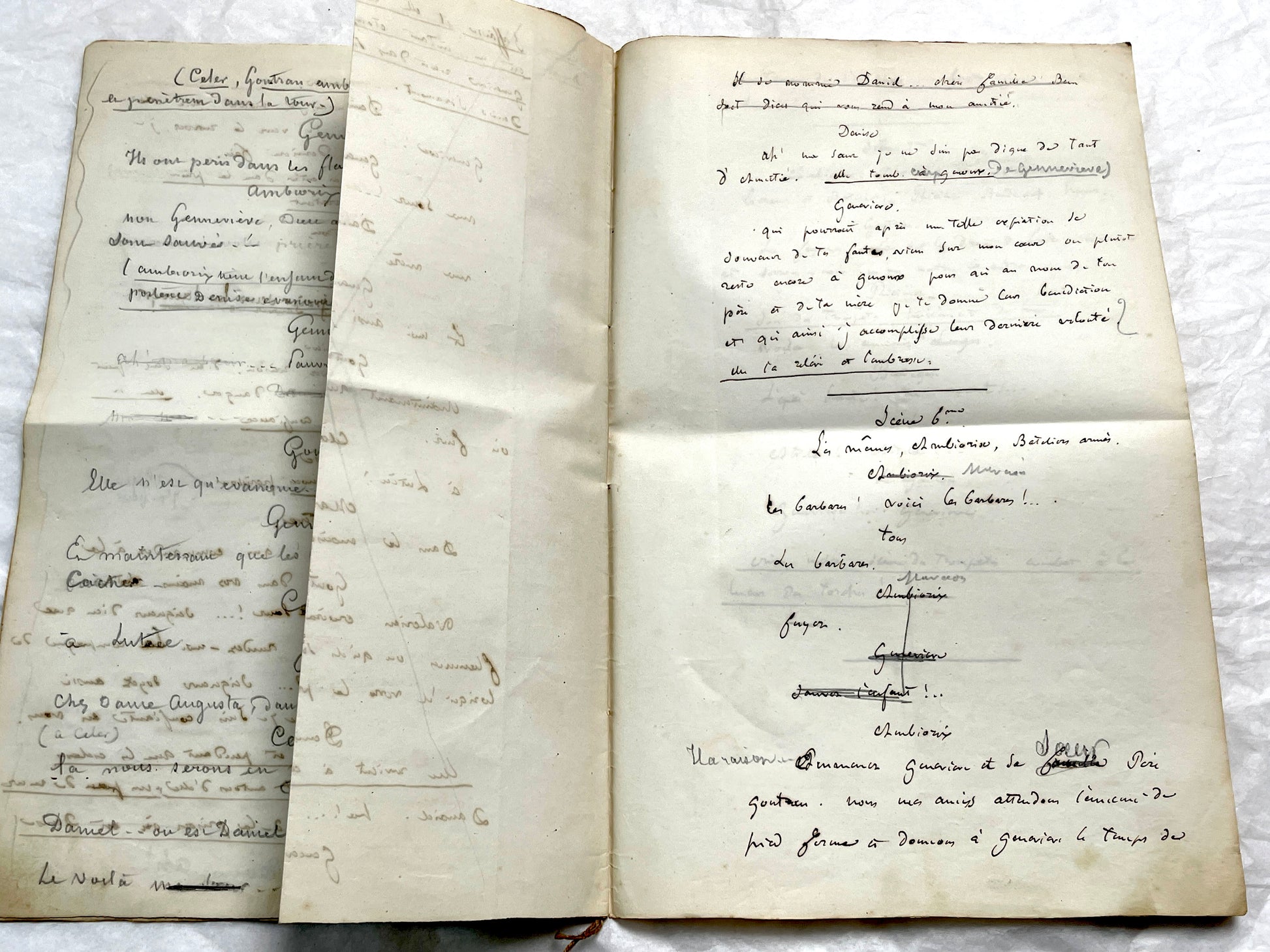 Late 19th handwritten French play script manuscript on aged paper with elegant penmanship, revealing literary text.