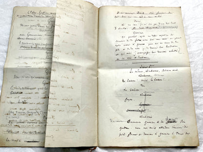 Late 19th handwritten French play script manuscript on aged paper with elegant penmanship, revealing literary text.