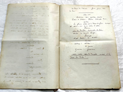 Late 19th handwritten French play script manuscript on aged paper with elegant penmanship, revealing literary text.