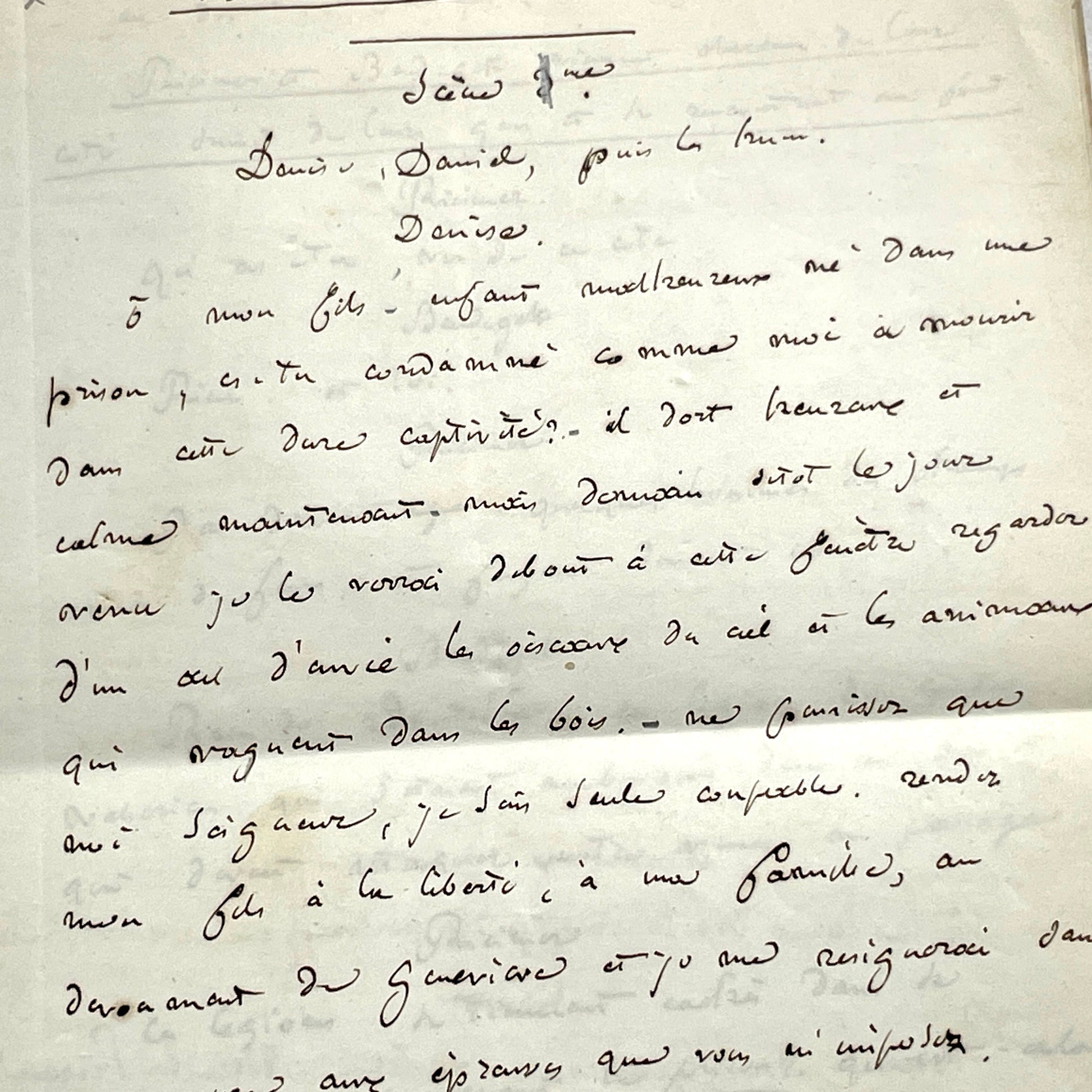 Late 19th handwritten French play script manuscript on aged paper with elegant penmanship, revealing literary text.