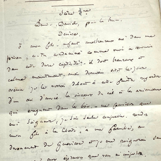 Late 19th handwritten French play script manuscript on aged paper with elegant penmanship, revealing literary text.