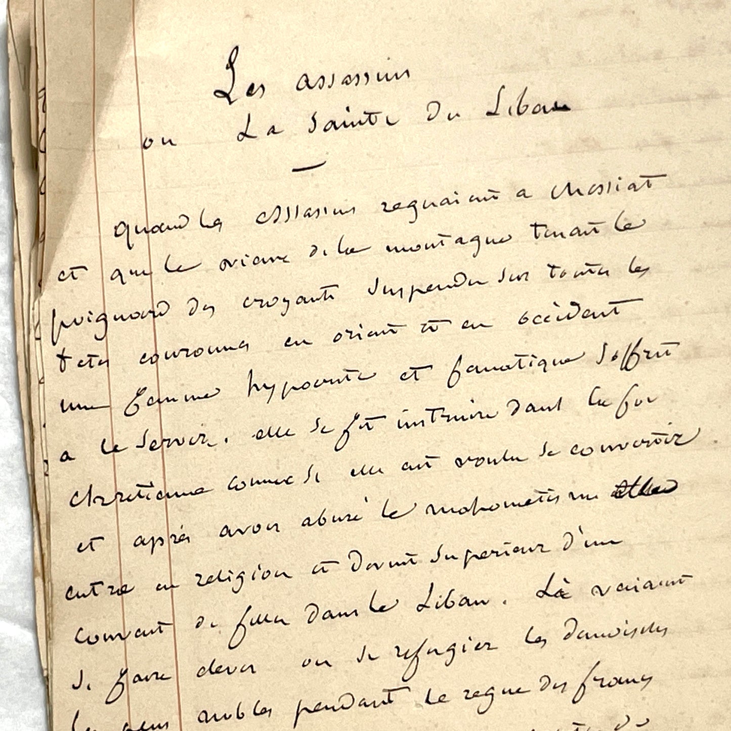 Late 19th French handwritten manuscript pages about 'The Assassins or The Saint of Lebanon.' Historical document.