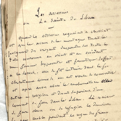 Late 19th French handwritten manuscript pages about 'The Assassins or The Saint of Lebanon.' Historical document.
