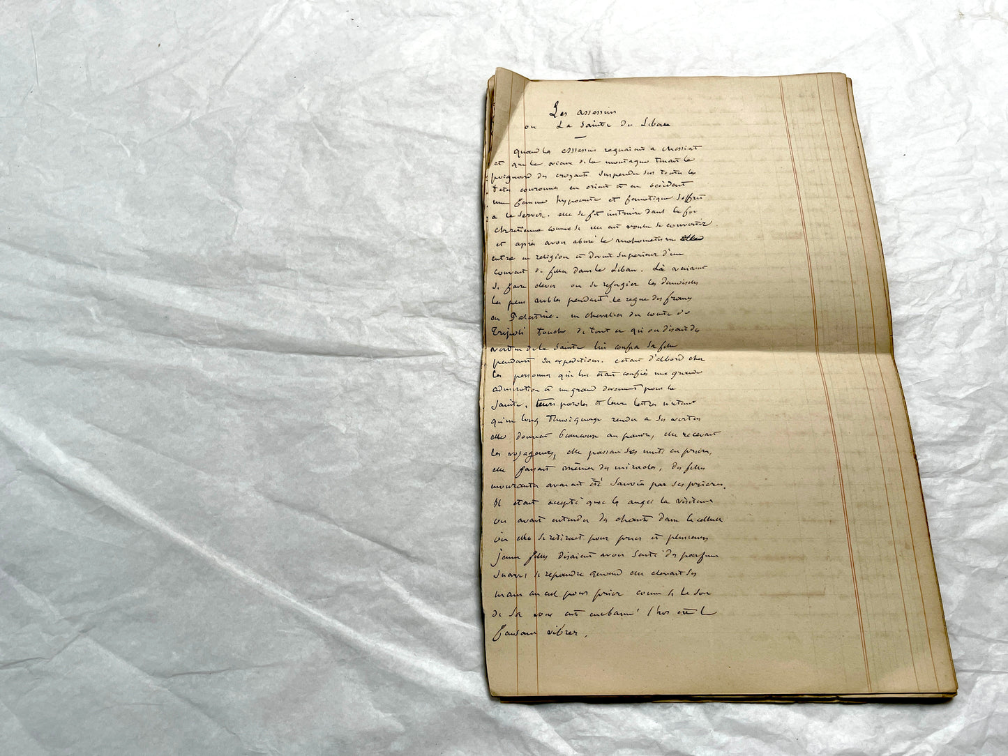 Late 19th French handwritten manuscript pages about 'The Assassins or The Saint of Lebanon.' Historical document.