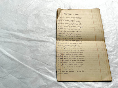Late 19th French handwritten manuscript pages about 'The Assassins or The Saint of Lebanon.' Historical document.