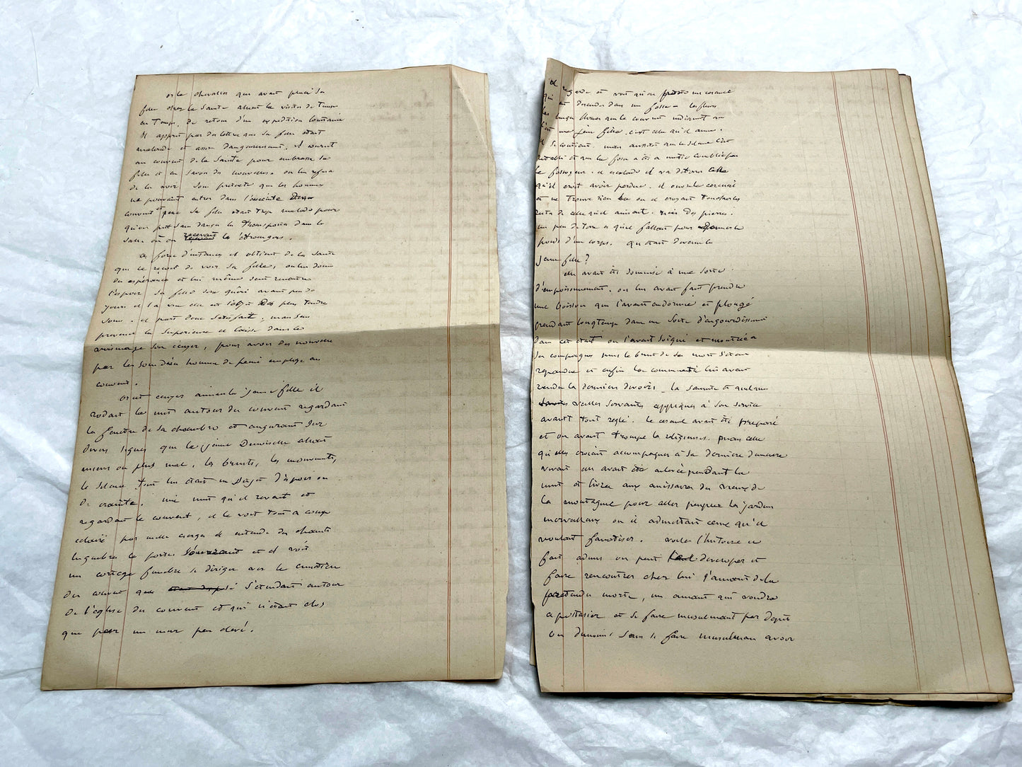 Late 19th French handwritten manuscript pages about 'The Assassins or The Saint of Lebanon.' Historical document.