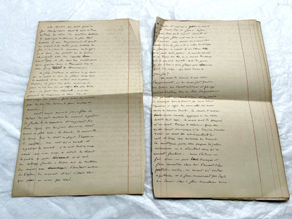 Late 19th French handwritten manuscript pages about 'The Assassins or The Saint of Lebanon.' Historical document.
