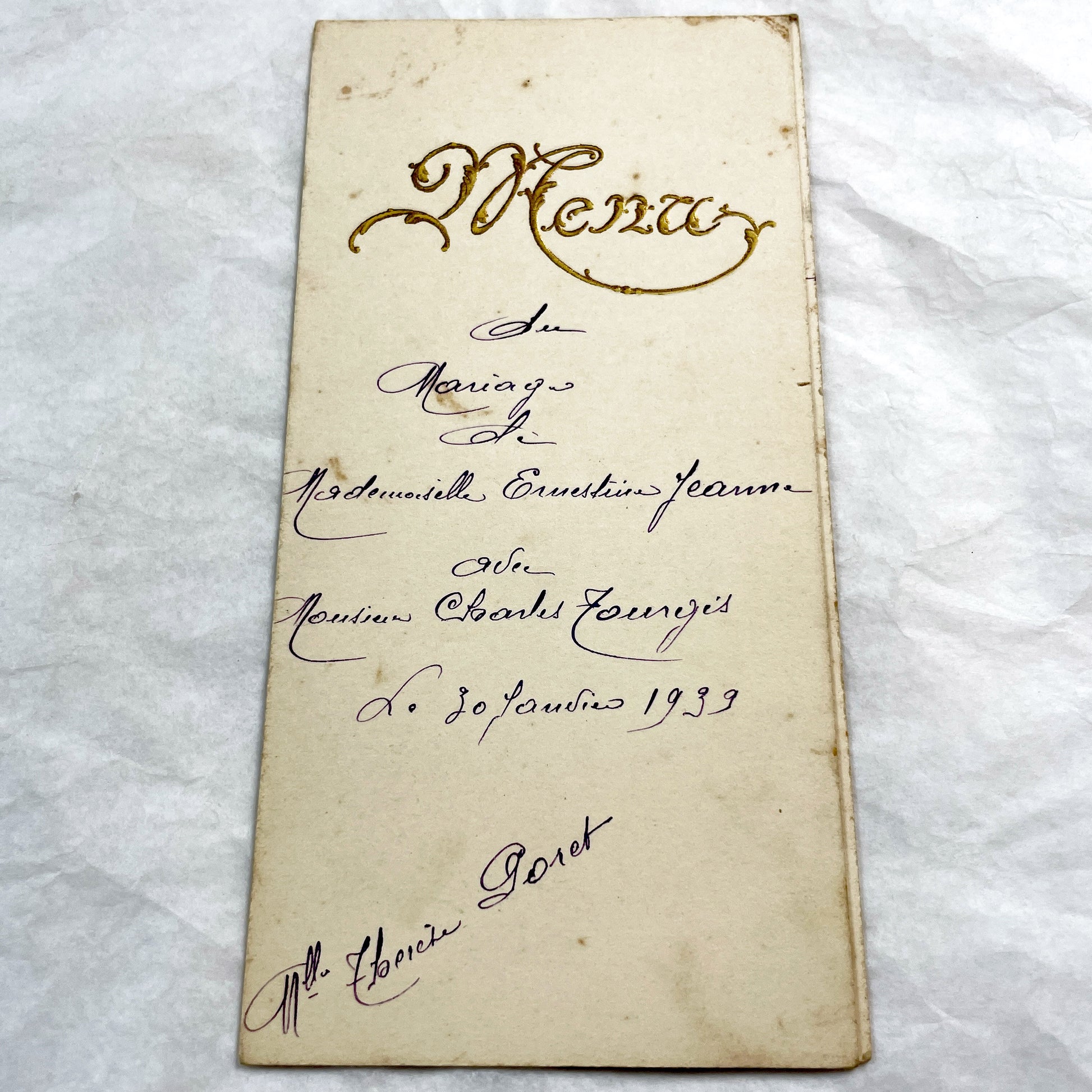 1930s - Authentic 1939 French Wedding Menu - Dejeuner - Diner - Handwritten Menu - Gilded Vintage Ephemera - Culinary History