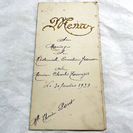 1930s - Authentic 1939 French Wedding Menu - Dejeuner - Diner - Handwritten Menu - Gilded Vintage Ephemera - Culinary History