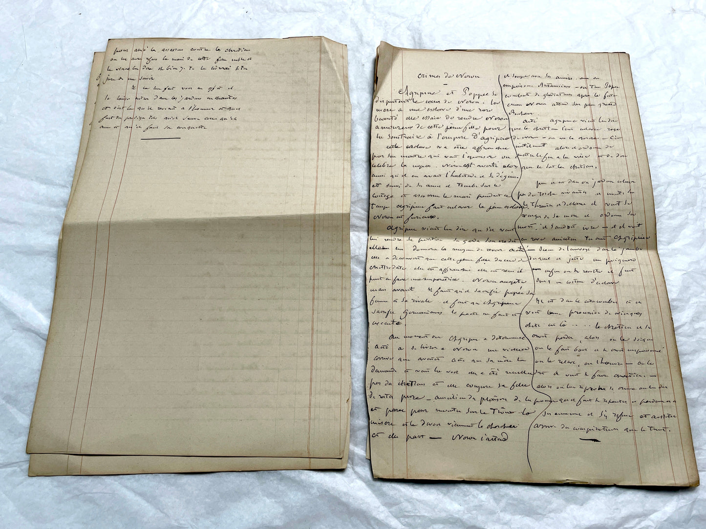 Late 19th French handwritten manuscript pages about 'The Assassins or The Saint of Lebanon.' Historical document.