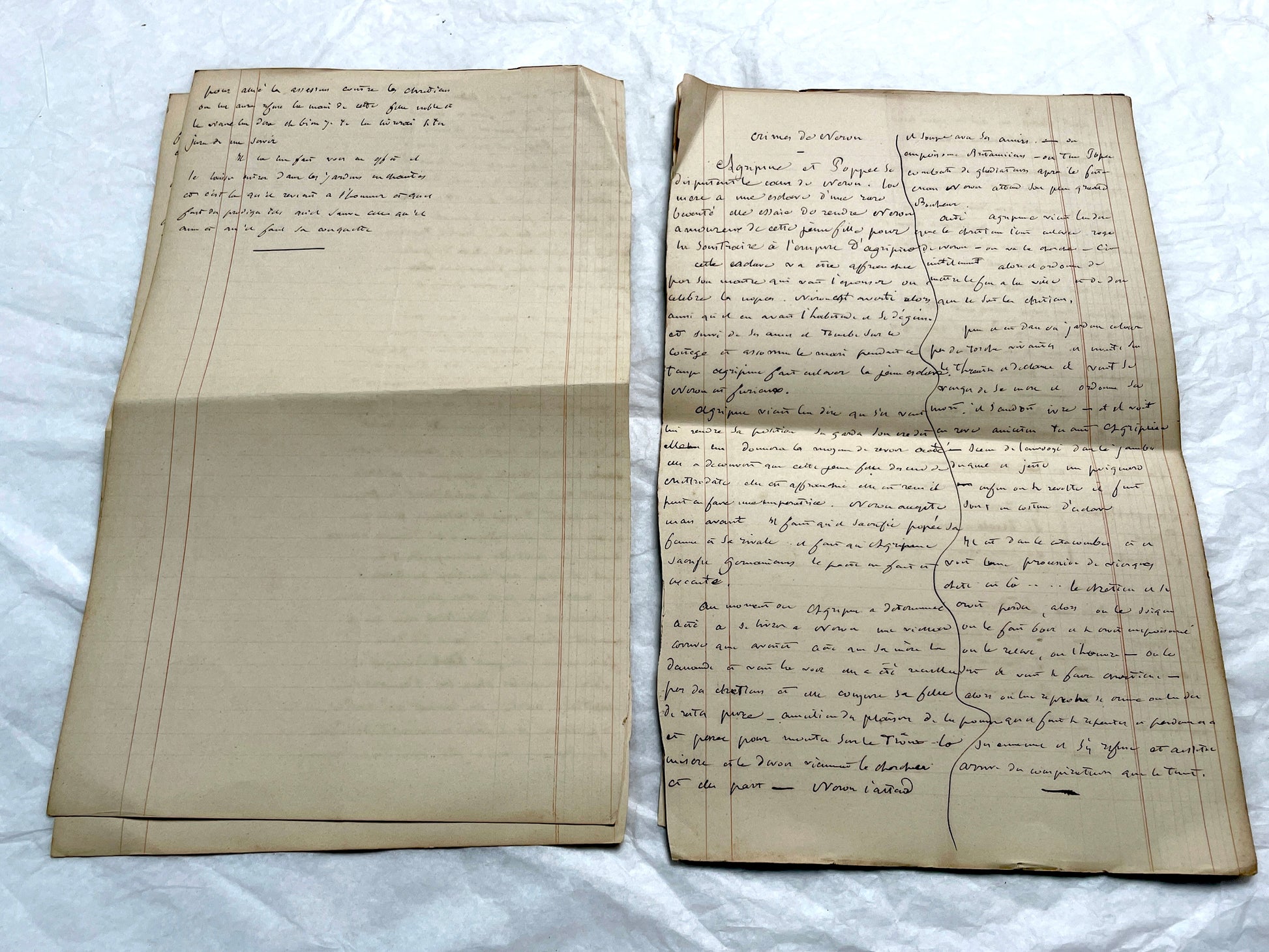Late 19th French handwritten manuscript pages about 'The Assassins or The Saint of Lebanon.' Historical document.