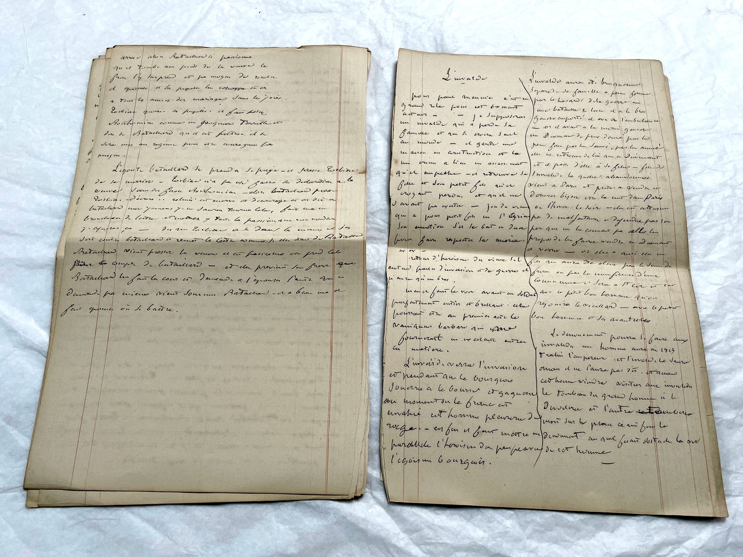 Late 19th French handwritten manuscript pages about 'The Assassins or The Saint of Lebanon.' Historical document.