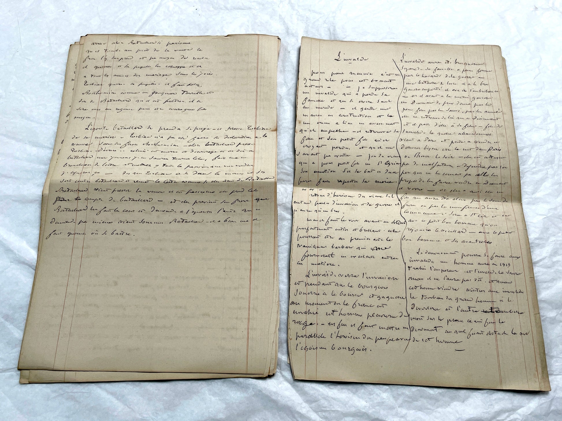 Late 19th French handwritten manuscript pages about 'The Assassins or The Saint of Lebanon.' Historical document.