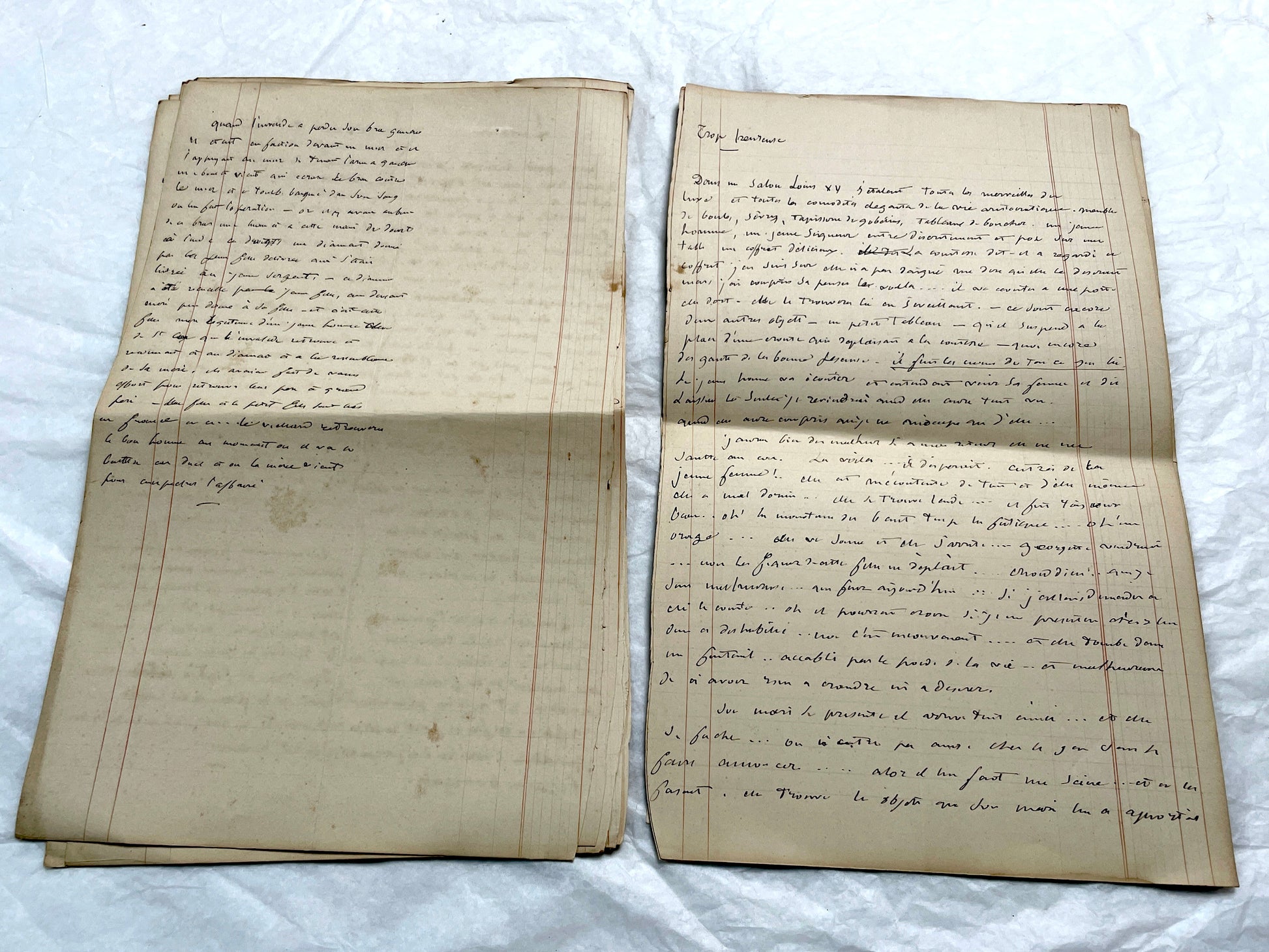 Late 19th French handwritten manuscript pages about 'The Assassins or The Saint of Lebanon.' Historical document.