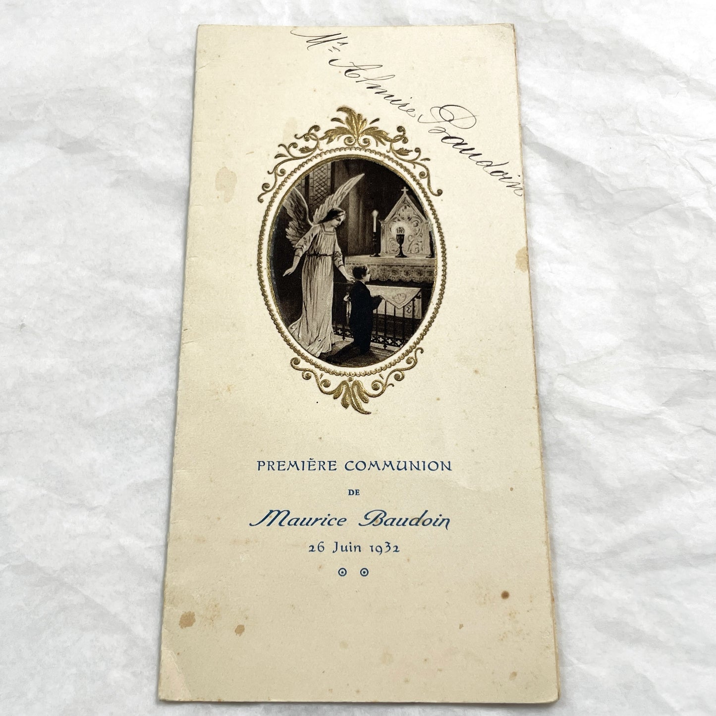 1930s - Vintage French First Communion Menu Card - 1932 Religious Ceremony - Angel Illustration - Antique Collectible