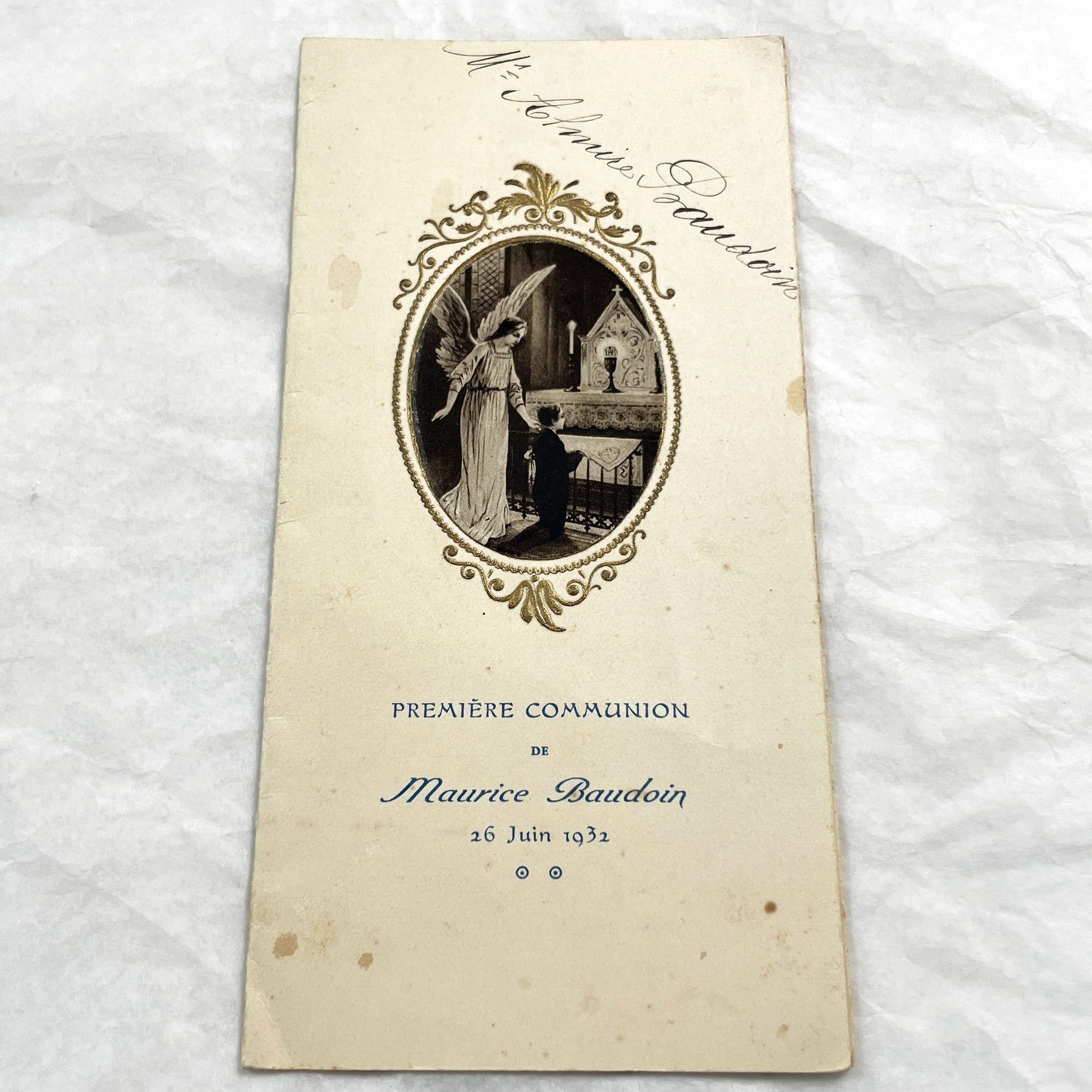 1930s - Vintage French First Communion Menu Card - 1932 Religious Ceremony - Angel Illustration - Antique Collectible
