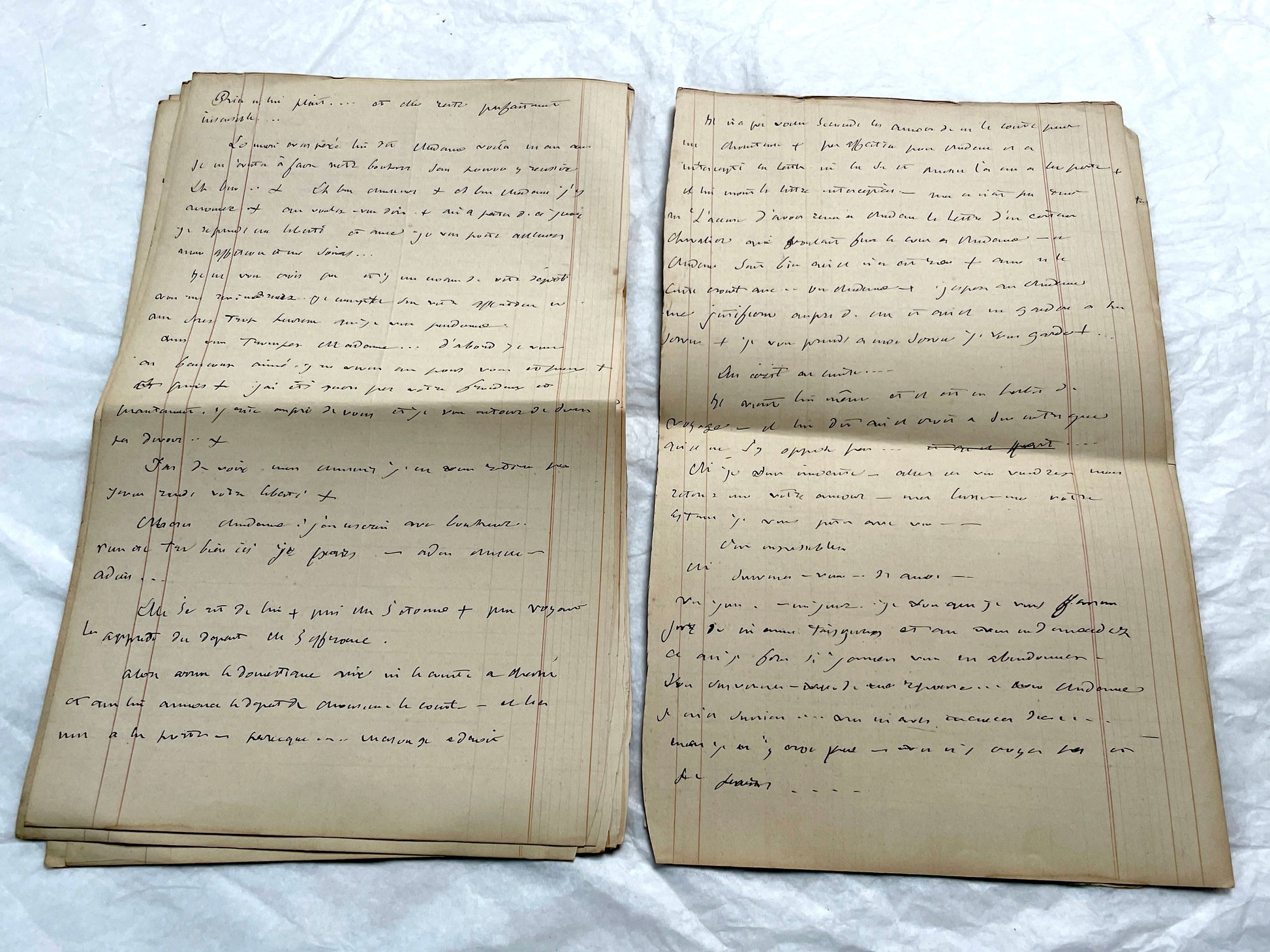 Late 19th French handwritten manuscript pages about 'The Assassins or The Saint of Lebanon.' Historical document.
