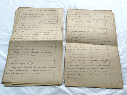Late 19th French handwritten manuscript pages about 'The Assassins or The Saint of Lebanon.' Historical document.