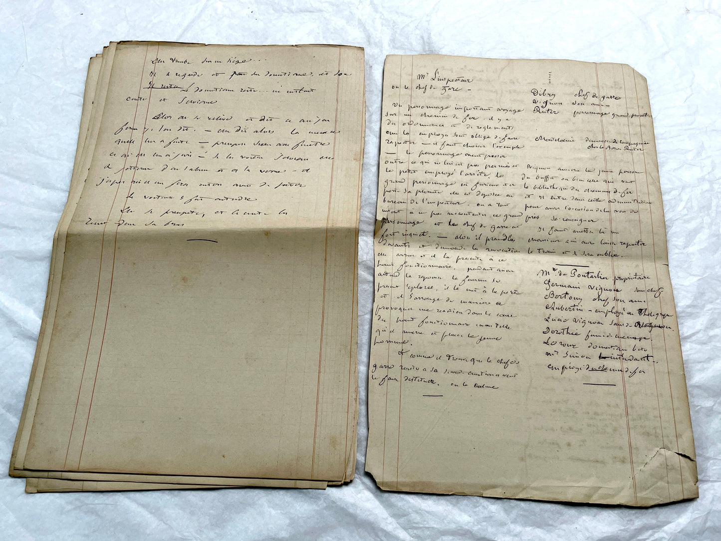 Late 19th French handwritten manuscript pages about 'The Assassins or The Saint of Lebanon.' Historical document.