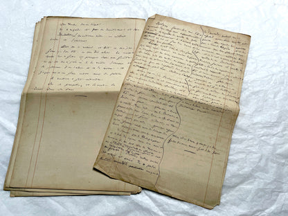 Late 19th French handwritten manuscript pages about 'The Assassins or The Saint of Lebanon.' Historical document.