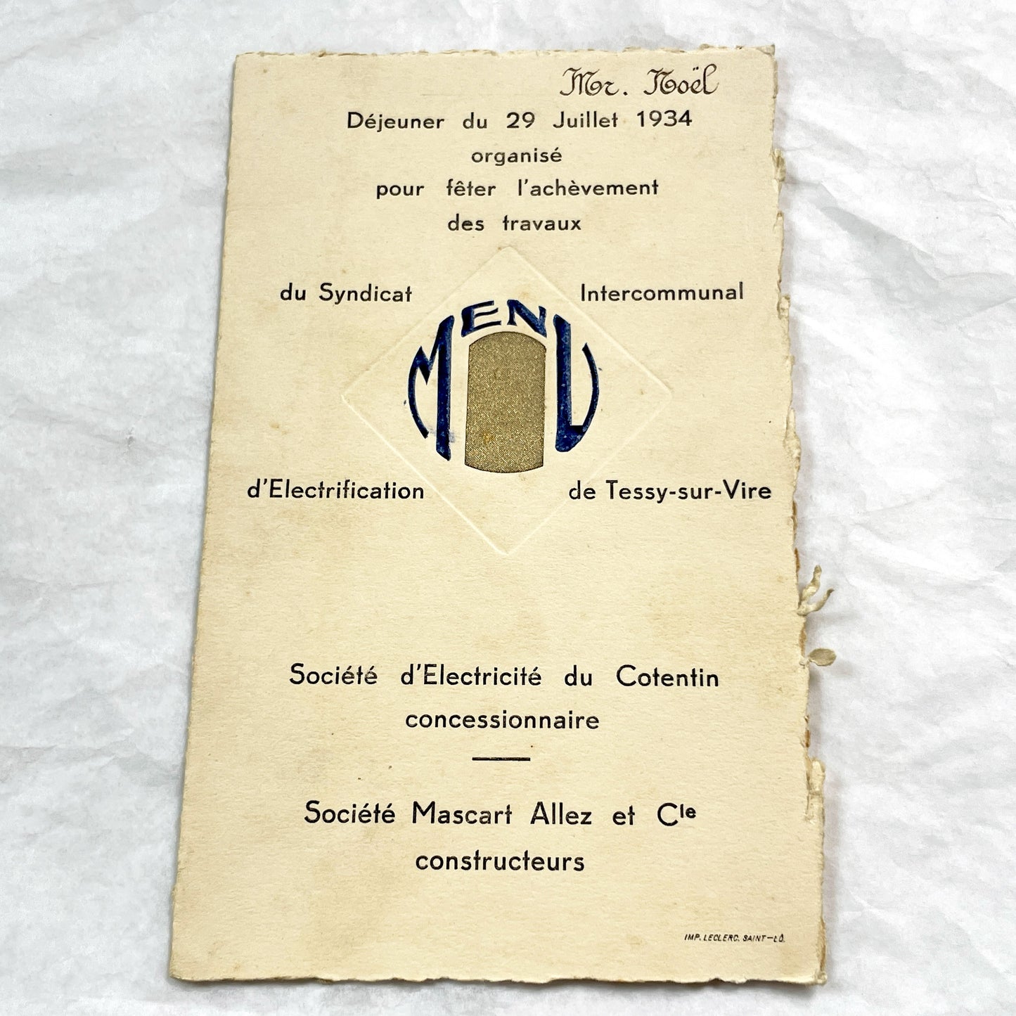 1930s - Vintage French Electrification Lunch Menu - 934 - Historic Normandy - Deluxe Dinner Program