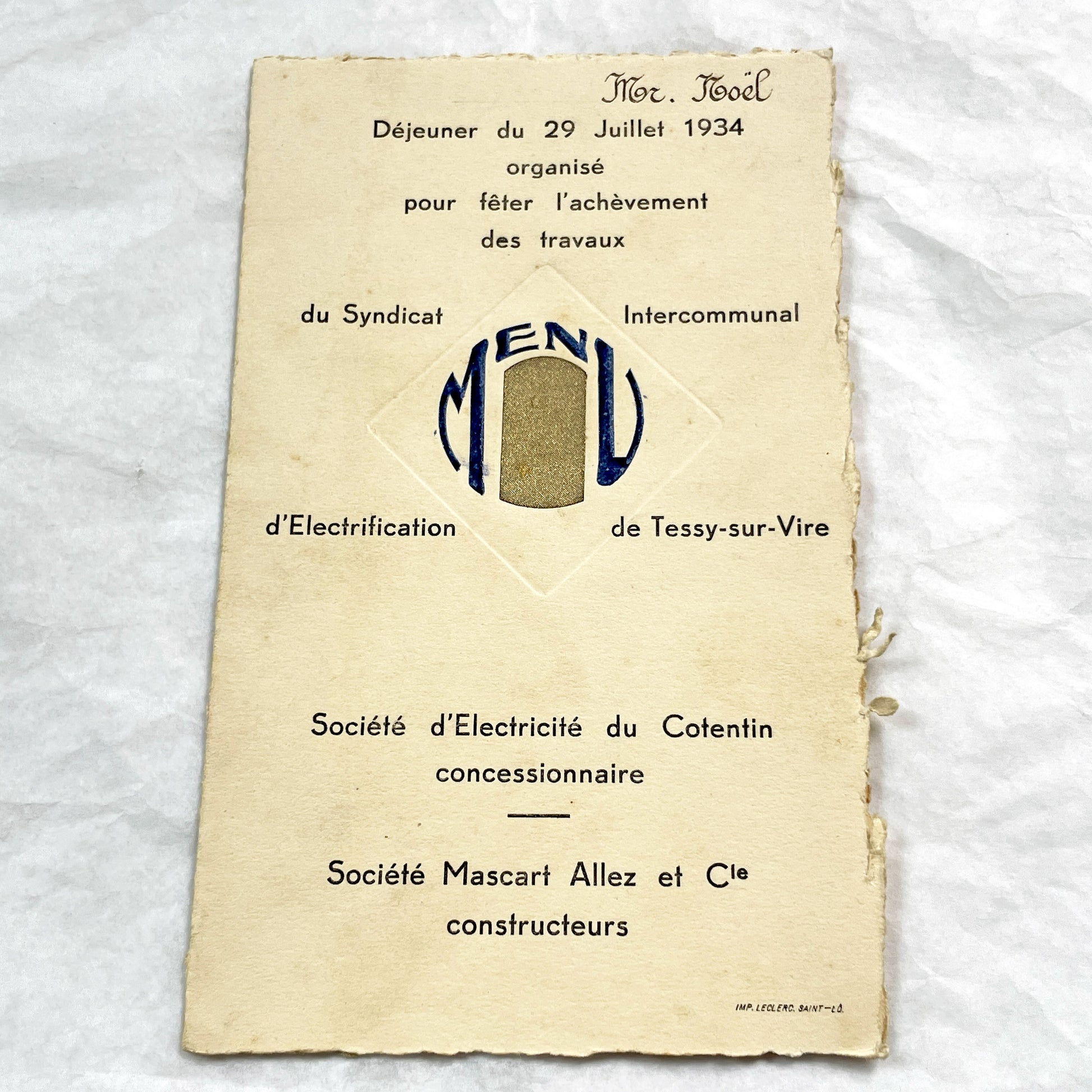 1930s - Vintage French Electrification Lunch Menu - 934 - Historic Normandy - Deluxe Dinner Program