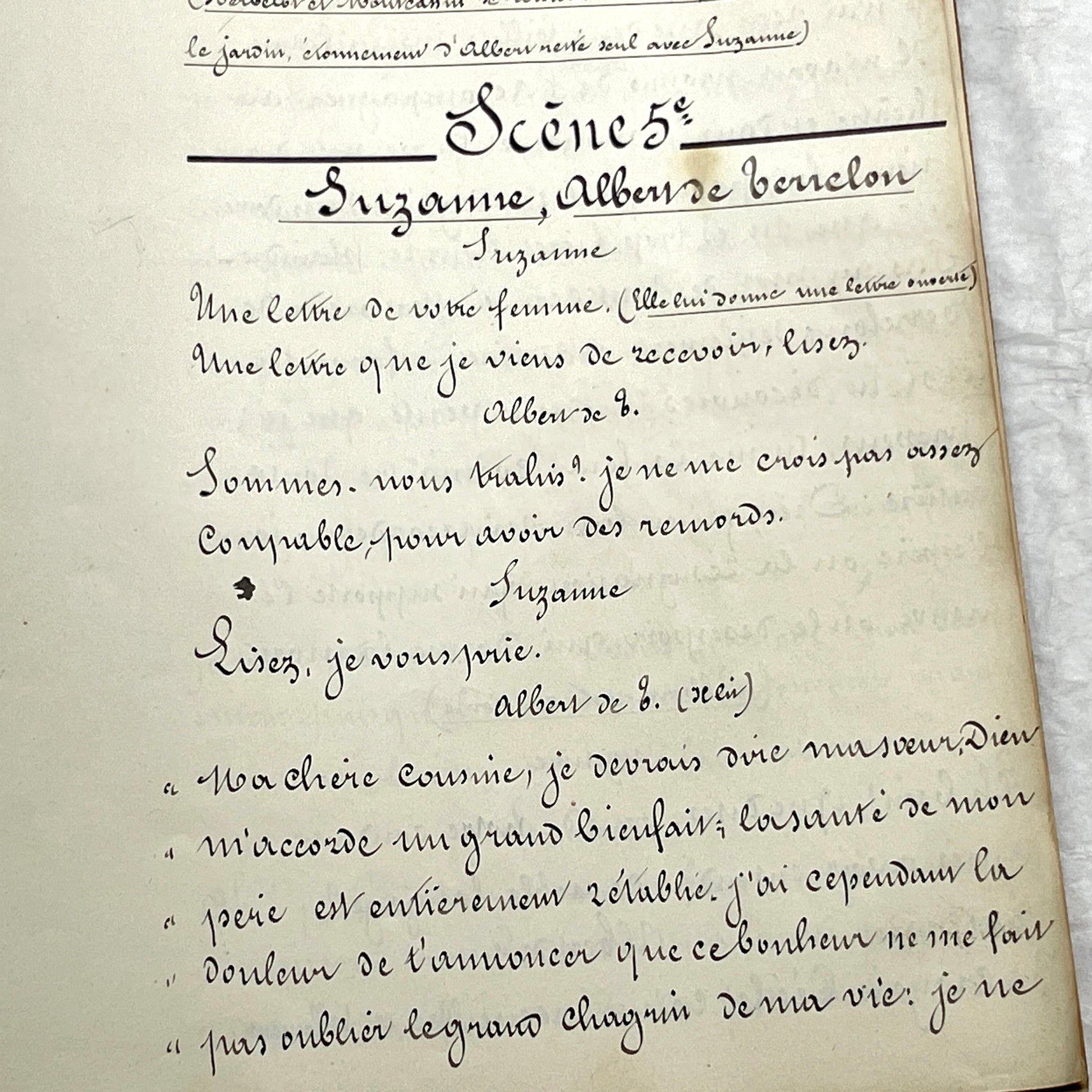 Late 19th French handwritten play manuscript with 'Scène 5' and 'Personnages' list visible.
