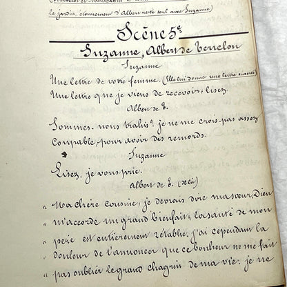 Late 19th French handwritten play manuscript with 'Scène 5' and 'Personnages' list visible.