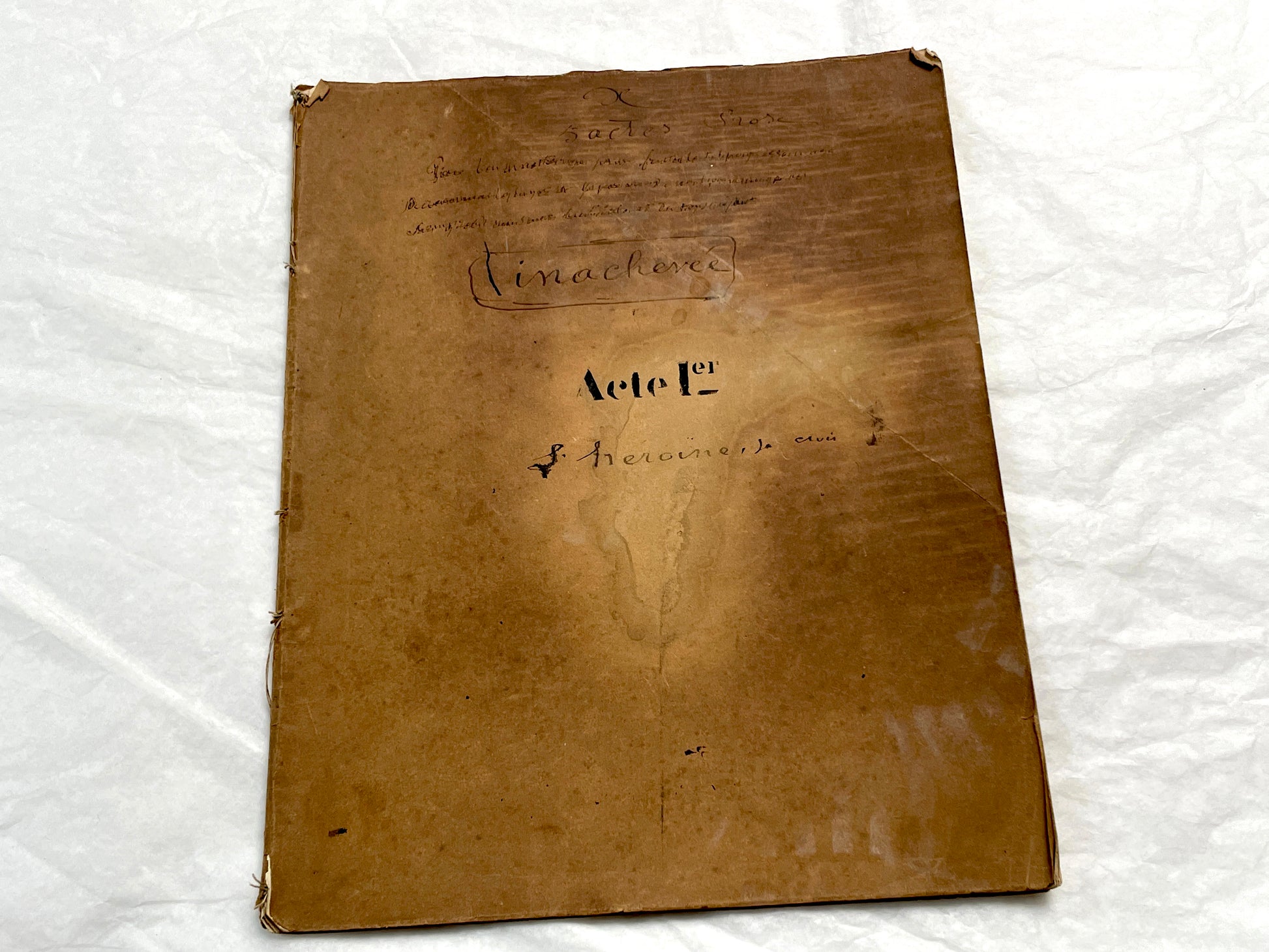 Late 19th French handwritten play manuscript with 'Scène 5' and 'Personnages' list visible.