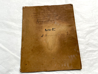 Late 19th French handwritten play manuscript with 'Scène 5' and 'Personnages' list visible.