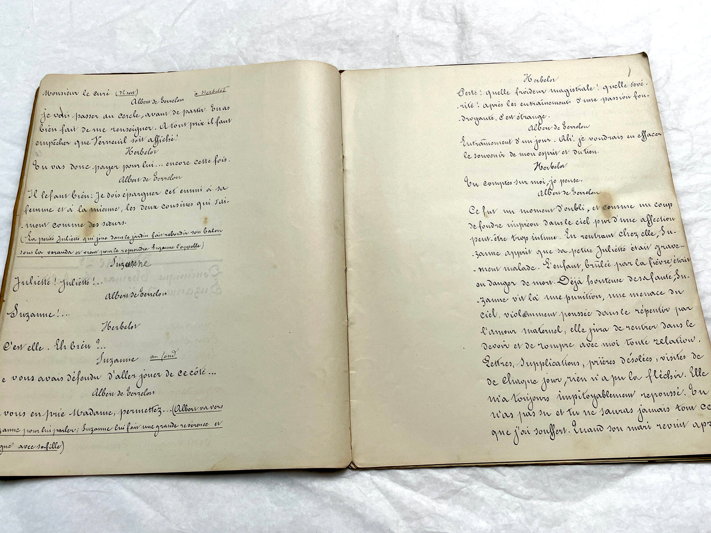 Late 19th French handwritten play manuscript with 'Scène 5' and 'Personnages' list visible.