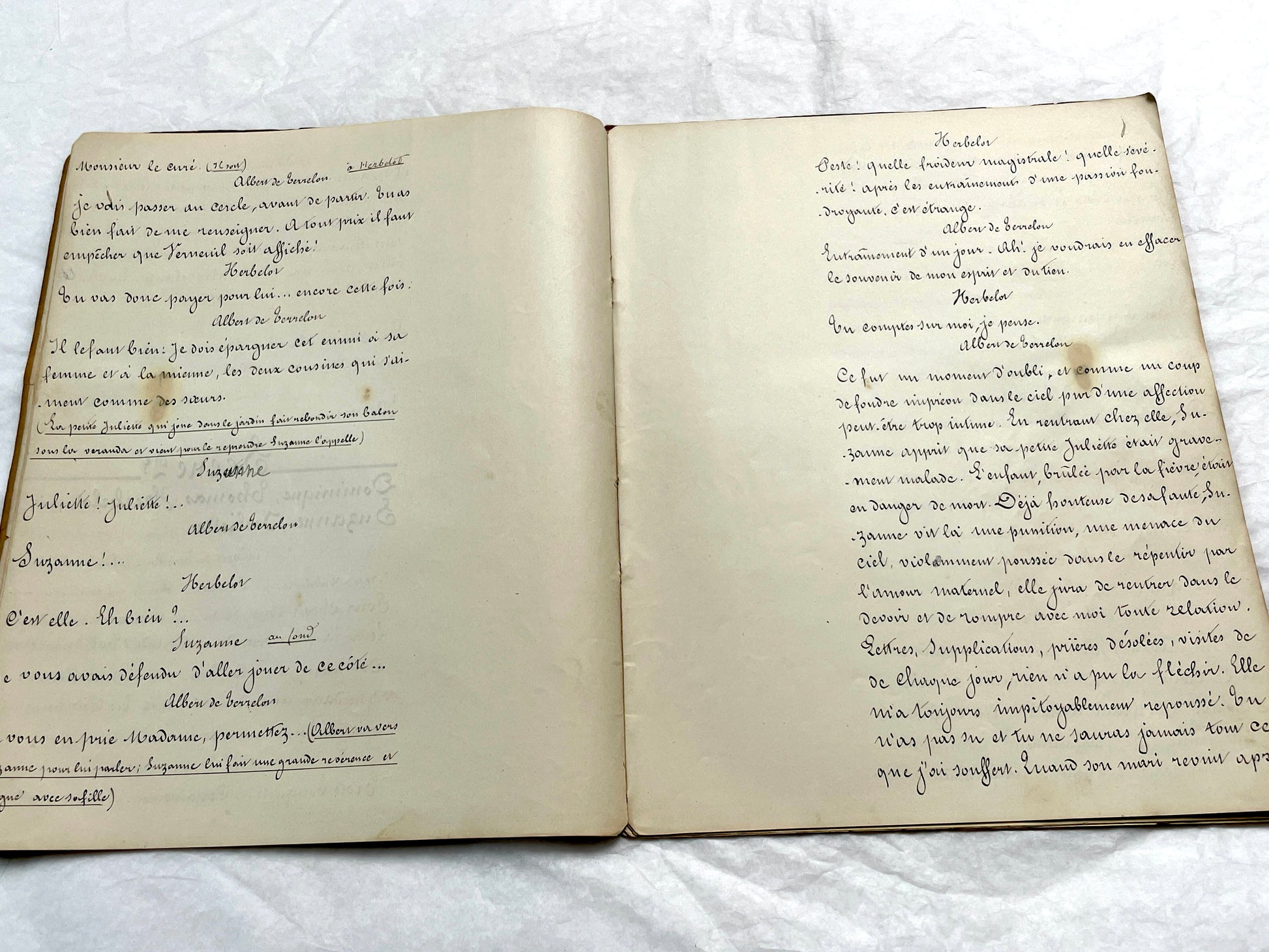 Late 19th French handwritten play manuscript with 'Scène 5' and 'Personnages' list visible.
