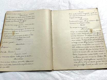 Late 19th French handwritten play manuscript with 'Scène 5' and 'Personnages' list visible.