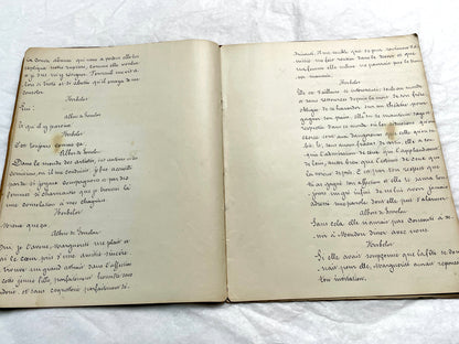 Late 19th French handwritten play manuscript with 'Scène 5' and 'Personnages' list visible.