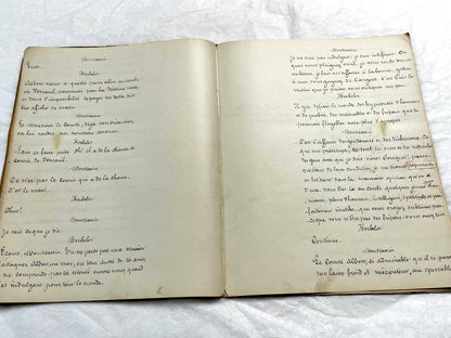 Late 19th French handwritten play manuscript with 'Scène 5' and 'Personnages' list visible.