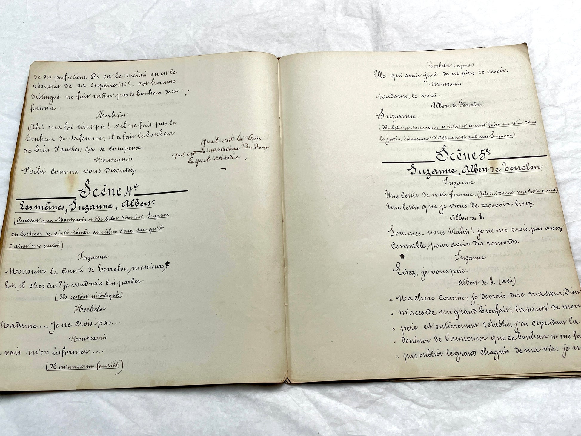 Late 19th French handwritten play manuscript with 'Scène 5' and 'Personnages' list visible.