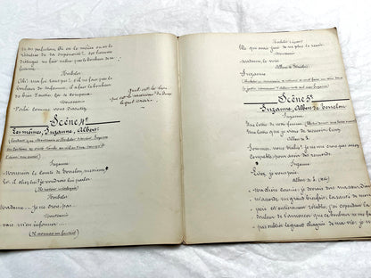 Late 19th French handwritten play manuscript with 'Scène 5' and 'Personnages' list visible.