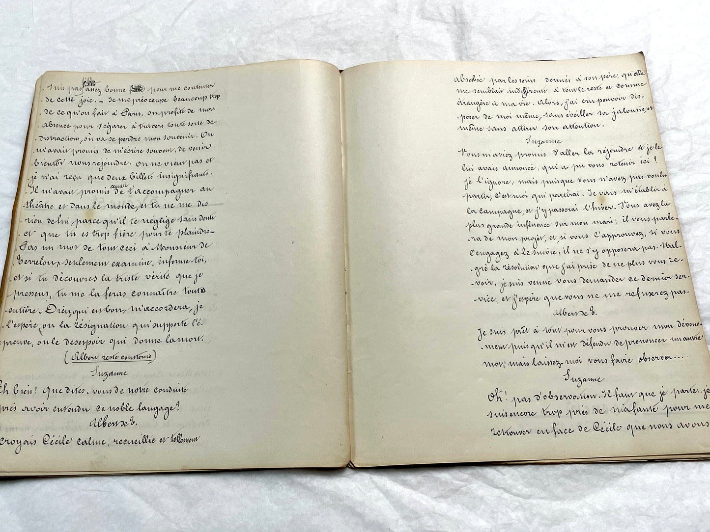 Late 19th French handwritten play manuscript with 'Scène 5' and 'Personnages' list visible.