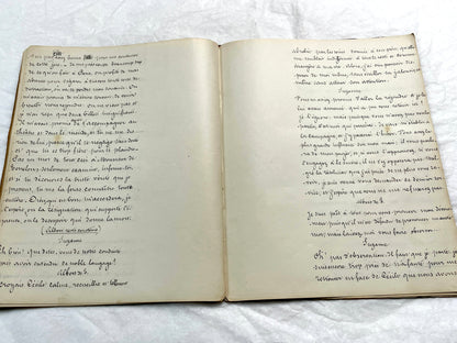 Late 19th French handwritten play manuscript with 'Scène 5' and 'Personnages' list visible.